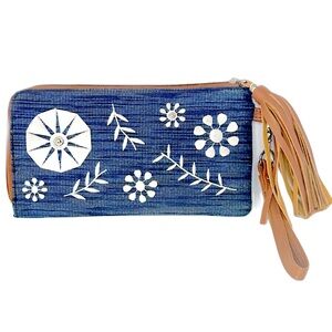 Women’s Blue Floral Embroidered Zippered Wallet Wristlet Boho Style with Tassel